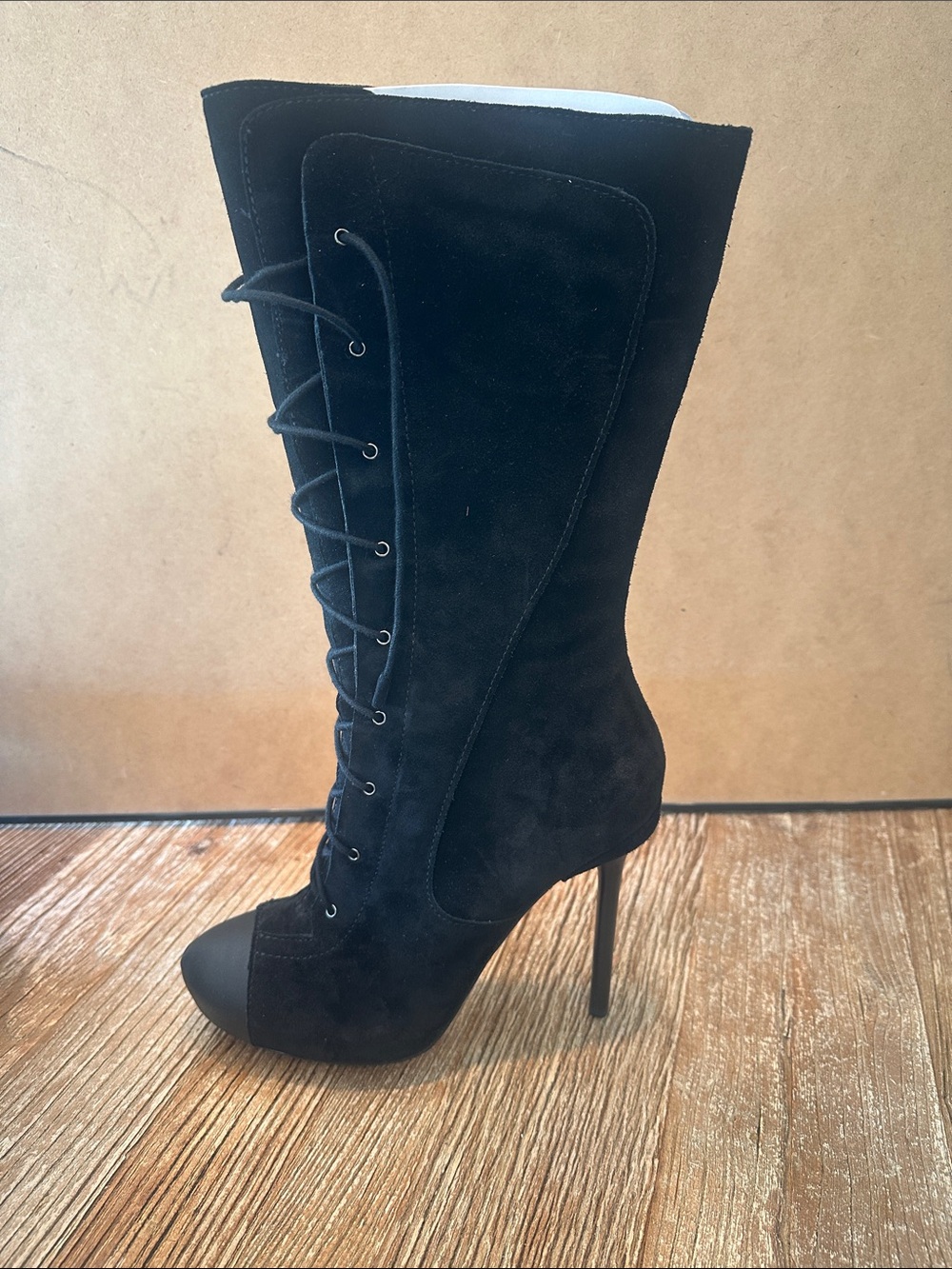 L.A.M.B. Black Suede Lace-Up Stiletto Boot